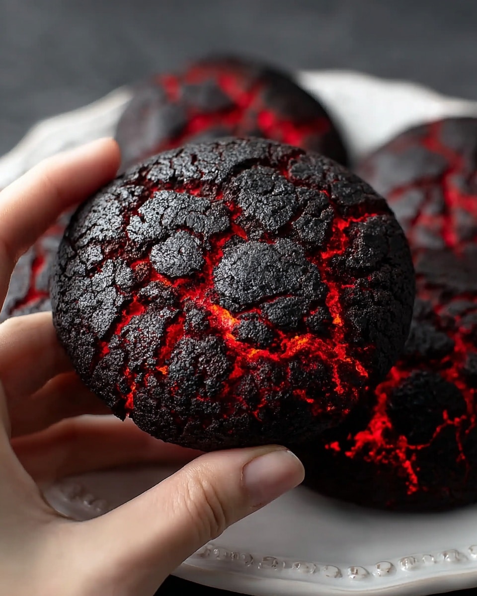 A close-up of a round black cookie with bright glowing red cracks on the surface, held gently by a woman's hand. The outer layer is rough and cracked, showing the intense red color glowing brightly beneath the dark crust. In the background, there are three more similar cookies slightly blurred on a white plate with detailed edges, all resting on a white marbled surface. The contrast between the dark black and bright red makes the cookie look like it is glowing from inside. photo taken with an iphone --ar 4:5 --v 7