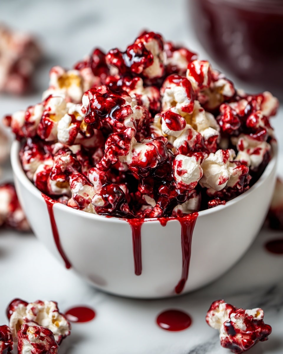 A close-up of a white bowl filled with popcorn coated in a shiny dark red sauce that looks thick and sticky, with extra sauce dripping down on the popcorn and some sauce drops scattered around the bowl. The popcorn pieces are white and fluffy but mostly covered by the red sauce, giving a mix of bright white and deep red colors. The bowl sits on a white marbled surface, and the background is softly blurred, keeping the focus on the rich texture and vibrant color of the popcorn. photo taken with an iphone --ar 4:5 --v 7