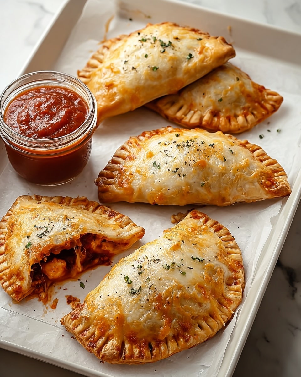 Four golden-brown baked turnovers are placed on white parchment paper inside a white tray, each turnover showing a crimped edge and topped with melted, bubbly light golden cheese sprinkled with small black herb flakes. One of the turnovers is cut open, revealing a rich dark red sauce and chunks of filling inside. Next to the tray, there is a small clear glass jar filled with thick red dipping sauce. The tray sits on a white marbled surface. photo taken with an iphone --ar 4:5 --v 7