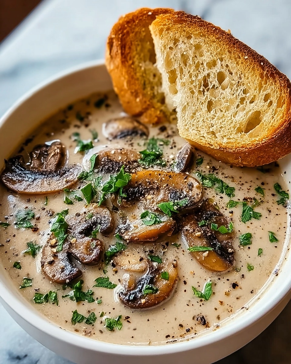 A black bowl filled with creamy mushroom soup that shows many thin brown mushroom slices and small green parsley pieces on the surface, sprinkled with black pepper. Two toasted golden-brown bread slices are placed upright inside the bowl on one side. The bowl is set on a white marbled texture surface. Photo taken with an iphone --ar 4:5 --v 7