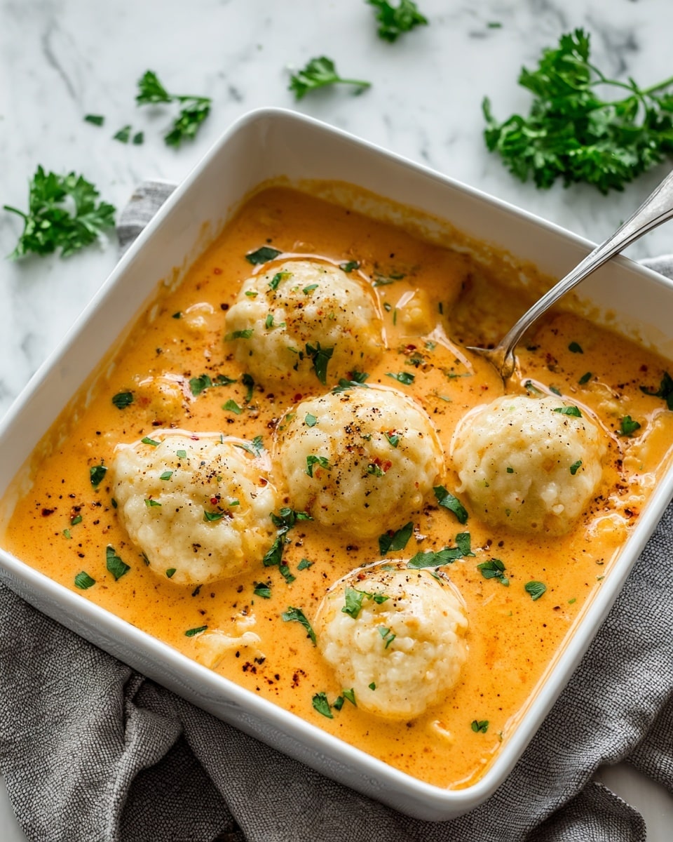 The image shows a white square baking dish filled with a thick creamy orange sauce. Six fluffy, light beige dumplings are floating evenly on top of the sauce, each sprinkled with small green parsley leaves and ground black pepper. The sauce has a smooth texture with some light reflections, and the edges of the baking dish have some sauce splashes. The dish is placed on a white marbled surface with a gray cloth underneath, and there are green parsley leaves scattered nearby. A spoon is partially visible in the right corner of the dish, stirring the sauce slightly. Photo taken with an iphone --ar 4:5 --v 7