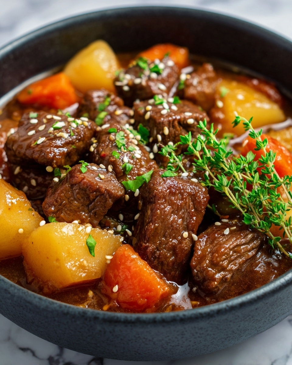 A close-up view of a dark bowl filled with rich beef stew, showing about three layers: the bottom layer has a thick, brown sauce with small bits and a glossy texture, the middle layer contains large pieces of browned beef with a slightly shiny surface, and scattered chunks of diced orange carrots and light yellow potatoes with speckled skin. On top, the beef cubes are sprinkled with white sesame seeds and finely chopped green herbs, while a small bunch of fresh green thyme sprigs rests against the side. The bowl sits on a white marbled texture background. photo taken with an iphone --ar 4:5 --v 7
