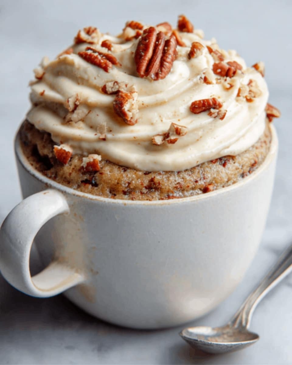 The image shows a white ceramic cup filled with a baked cake that has a rough, brown surface with bits of pecans spread through and on top. The cake is topped with a thick swirl of creamy, light beige frosting that looks soft and smooth. More pecan pieces are sprinkled on the frosting, giving a crunchy look. A small silver spoon is placed next to the cup, all sitting on a white marbled surface. photo taken with an iphone --ar 4:5 --v 7