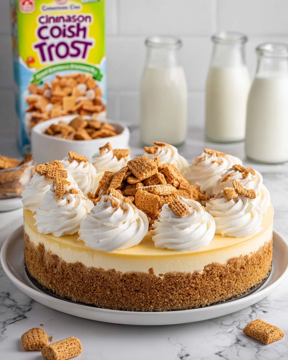 A round cheesecake sits on a white plate on a white marbled surface. The cheesecake has a thick, crumbly golden brown crust forming the bottom and sides. The smooth creamy yellow layer of cheesecake fills the inside above the crust. On top, there are ten tall swirls of white whipped cream evenly spaced in a circle near the edge, each with small crunchy cinnamon toast pieces sprinkled on and around them. In the center of the cheesecake, there is a pile of cinnamon toast cereal pieces. The background shows a box of Cinnamon Toast Crunch cereal, a bowl with cereal, and three glass bottles filled with white milk, all on a white marbled surface. photo taken with an iphone --ar 4:5 --v 7