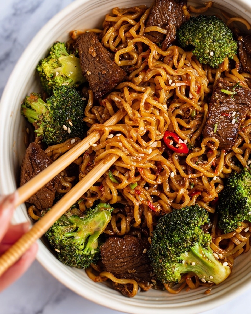 The image shows a close-up of a white bowl filled with stir-fried noodles mixed with pieces of cooked beef and bright green broccoli florets. The noodles have a shiny, slightly oily texture and a rich brown color from the sauce. The beef pieces are thick, dark brown with a grilled texture, scattered evenly among the noodles. The broccoli is fresh and vibrant, with small red chili flakes and sesame seeds sprinkled on top. A woman’s hand is holding light wooden chopsticks, picking up a tangled portion of the noodles in the center of the bowl. The bowl rests on a white marbled surface. photo taken with an iphone --ar 4:5 --v 7