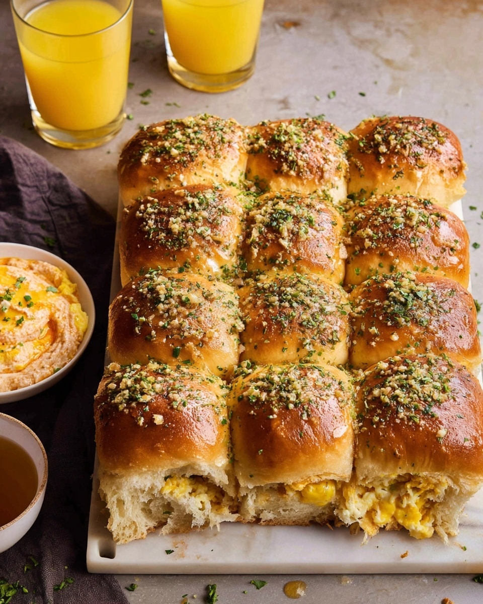 A block of twelve golden brown dinner rolls, arranged in a 3 by 4 grid, topped with chopped herbs and minced garlic, creating a textured, flavorful crust. Each roll is softly rounded and slightly shiny, with a hint of melted cheese visible between some layers. The sandwich layers inside are slightly seen, showing melted cheese and possibly scrambled eggs, peeking out at the edges. To the left, there is a white bowl filled with a creamy orange spread with green herbs, and two glasses of orange juice sit above the rolls on a white marbled surface. The setting feels warm and inviting, with bits of herbs scattered around. Photo taken with an iphone --ar 4:5 --v 7