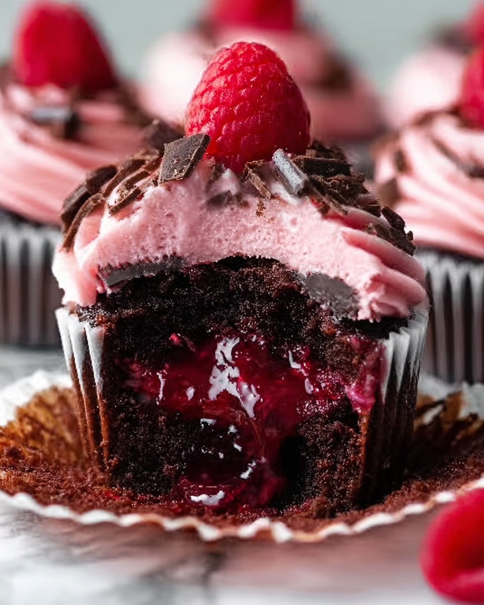 A close-up of a chocolate cupcake cut in half showing three clear layers: at the bottom, a dark, moist chocolate cake; in the middle, a gooey red raspberry filling oozing out; and on top, a swirl of thick pink frosting sprinkled with small, jagged pieces of dark chocolate. Surrounding the cut cupcake are whole chocolate cupcakes with the same pink frosting swirled on top and a fresh raspberry placed in the center, all set on a surface with a white marbled texture. photo taken with an iphone --ar 4:5 --v 7