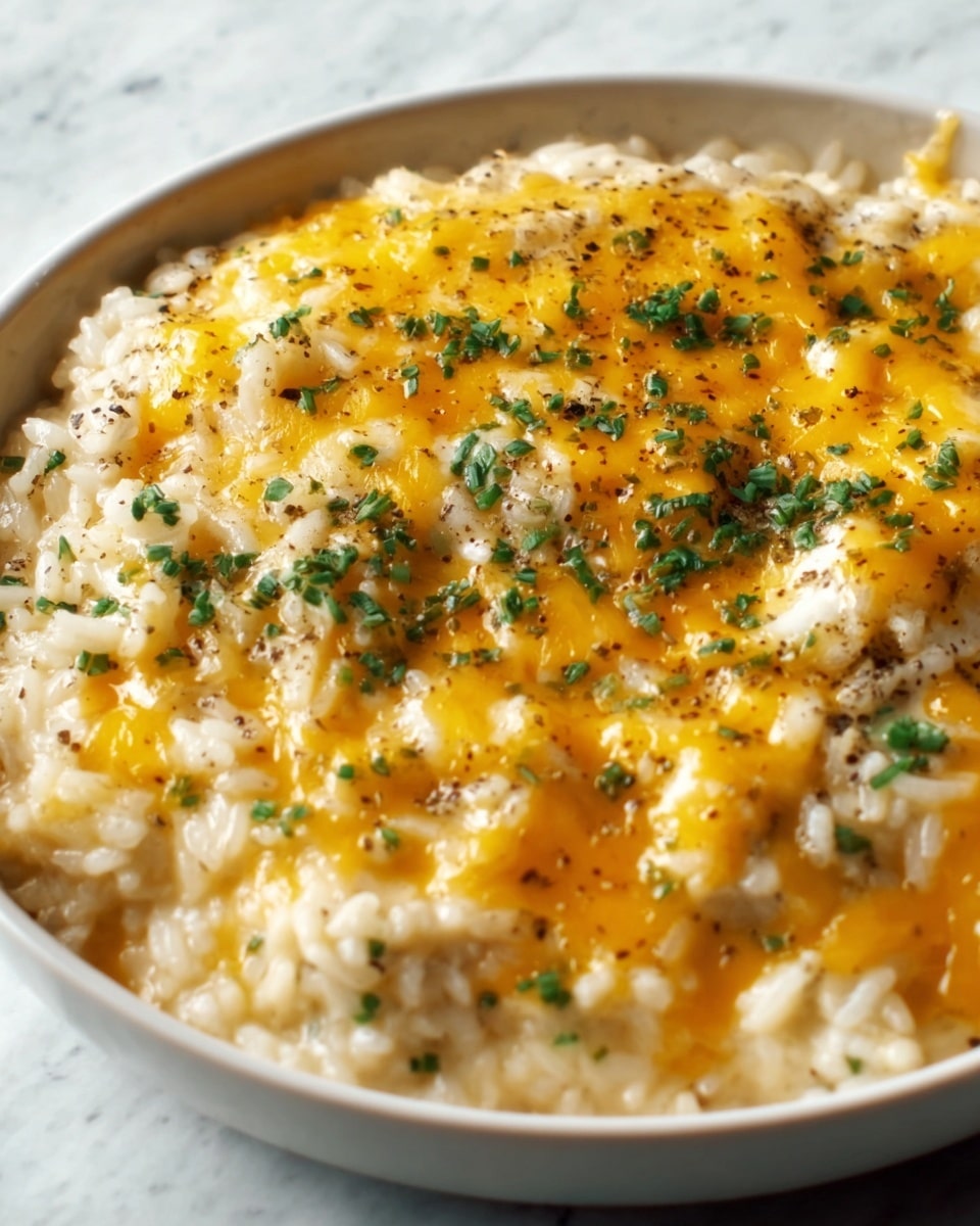 The dish is a creamy, baked risotto served in a white oval dish placed on a wooden board. It has a thick, pale beige rice base mixed with herbs and spices, showing a soft and slightly creamy texture. The top layer is golden-brown melted cheese with some darker browned spots, giving a crispy texture contrast. A single fresh, green basil leaf is placed in the center as garnish. The dish is resting on a light gray linen cloth, all set against a white marbled background. photo taken with an iphone --ar 4:5 --v 7