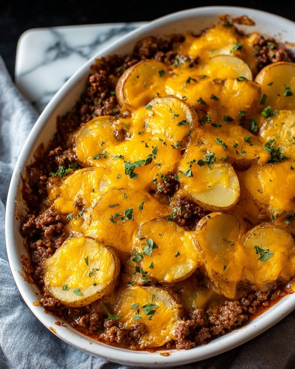 A close-up view of a baked dish in a white oval casserole. The bottom layer is made of browned ground meat with a crumbly texture. On top of the meat layer, there are sliced yellow potatoes arranged to mostly cover the meat. The top layer is melted bright orange cheddar cheese, richly coating the potatoes and some parts of the meat. The cheese has a smooth, gooey texture with some browning spots. Small bits of fresh green herbs are sprinkled over the entire dish, adding a touch of color. The casserole sits on a white marbled surface with a gray cloth visible around its base. photo taken with an iphone --ar 4:5 --v 7
