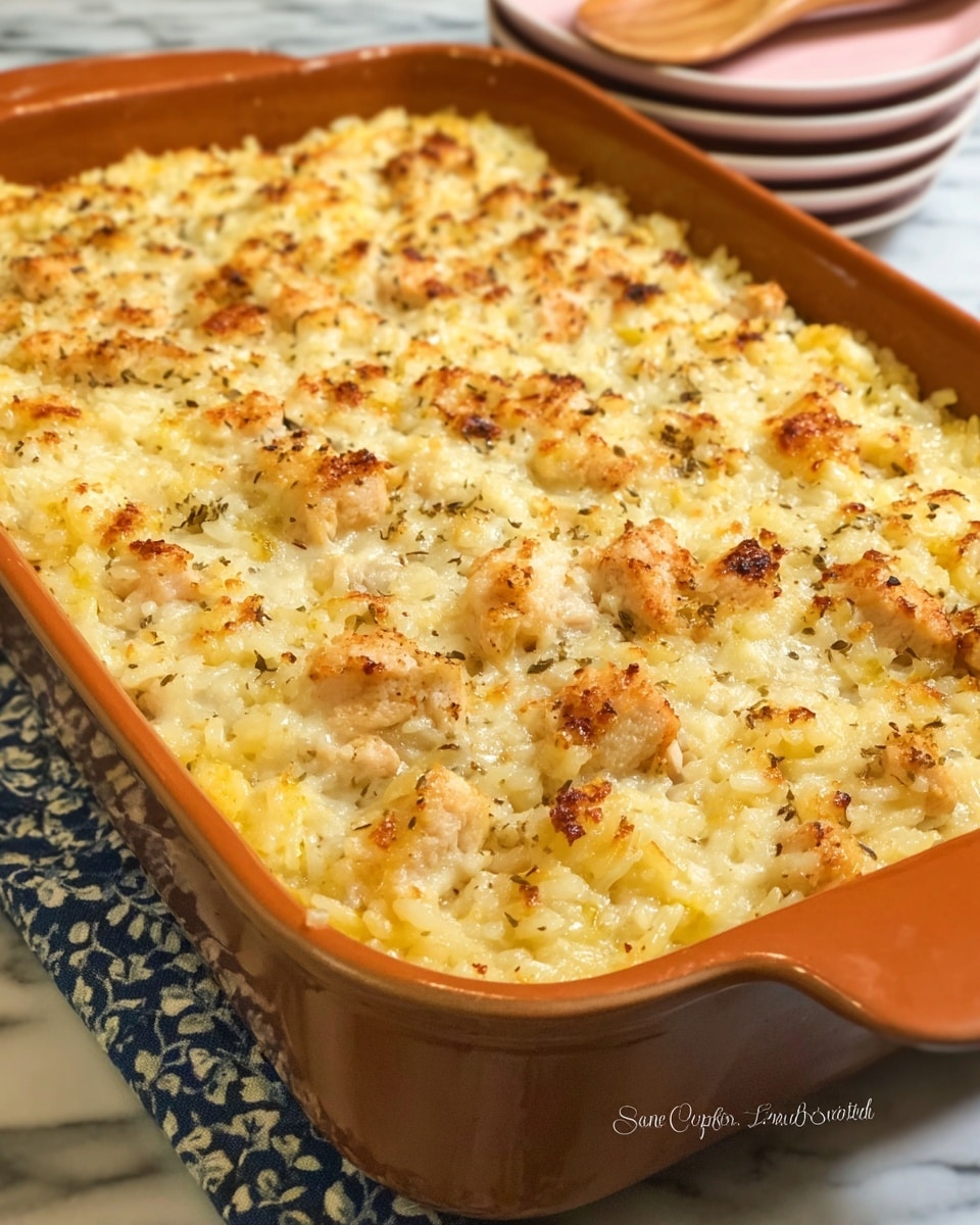 A rectangular orange baking dish filled with a one-layer creamy rice casserole mixed with small chunks of cooked chicken scattered evenly on top, the texture looks soft and slightly moist with a light golden color. The dish is placed on a white marbled surface, next to a wooden spoon and a stack of plates with dark rims. Two blue glasses are partially visible in the background. Photo taken with an iphone --ar 4:5 --v 7