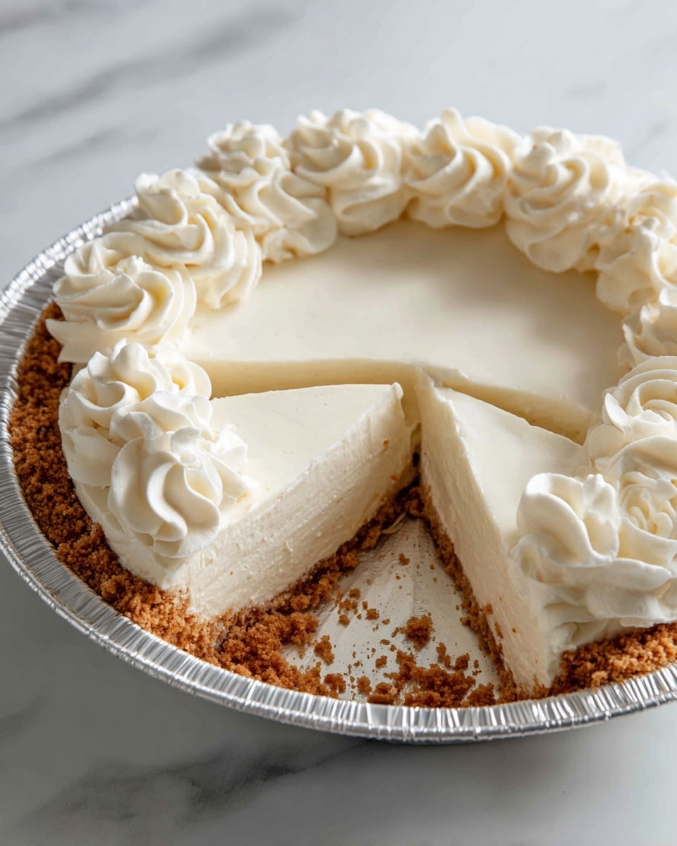 A creamy white pie with two visible layers sits in an aluminum pie tray on a white marbled surface. The bottom layer is a crumbly, light brown crust that holds a thick, smooth, white filling forming the second layer. The top of the pie is decorated with swirls of white whipped cream piped evenly around the edge. One slice is missing, showing the clean cut through the crust and filling. Photo taken with an iphone --ar 4:5 --v 7