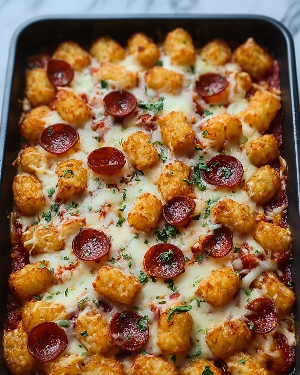 A close-up view of a rectangular black baking tray filled with a baked dish that has three main layers: the bottom layer is a chunky red tomato sauce with bits of browned meat visible, the middle layer is melted white mozzarella cheese that stretches in thin strings, and the top layer is a mix of golden brown crispy tater tots and small round pepperoni slices scattered evenly across. Some green herbs and black pepper flakes are sprinkled lightly on the cheese and toppings. The baking tray rests on a white marbled surface. photo taken with an iphone --ar 4:5 --v 7
