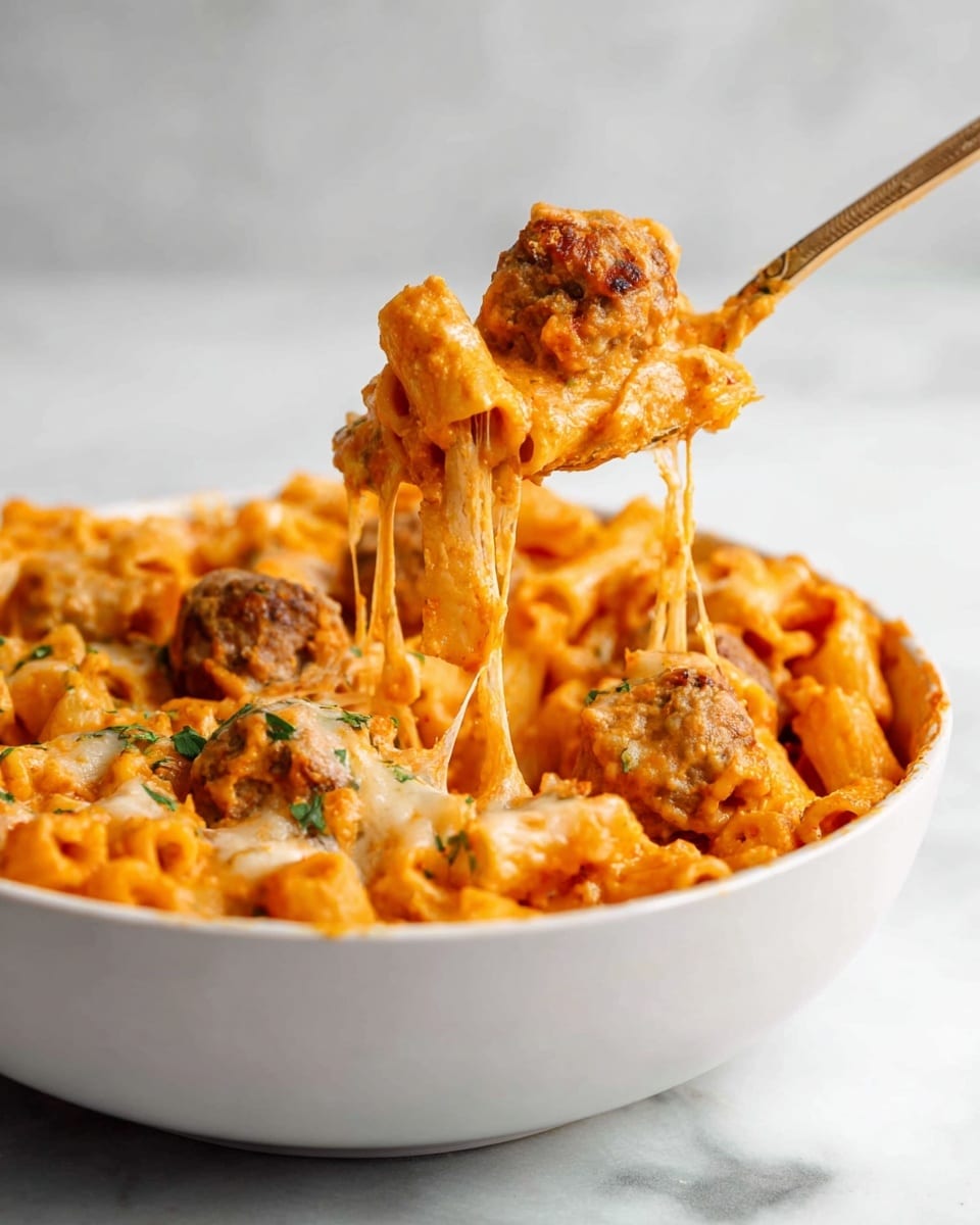 A close-up of a white bowl filled with creamy orange-colored baked pasta mixed with small round meatballs. The pasta is tubular and coated in a rich, cheesy sauce with visible herbs. A spoon lifts a portion of the pasta and meatballs from the bowl, with melted cheese strings stretching between the bowl and the spoon. The background shows a simple white marbled surface. photo taken with an iphone --ar 4:5 --v 7
