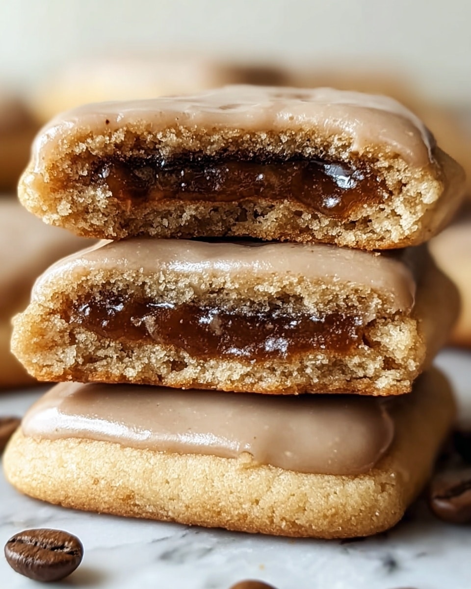 A stack of three square-shaped cookies with rounded edges is shown on a white marbled surface. Each cookie has a light brown, soft-looking base with a smooth, shiny light brown glaze spread evenly on top. The top cookie is broken in half, revealing a gooey, dark brown filling inside that contrasts with the lighter cookie dough layer around it. The texture of the cookie base appears slightly crumbly but thick. Around the stack, a few small round coffee beans add extra detail. The photo is taken with an iphone --ar 4:5 --v 7