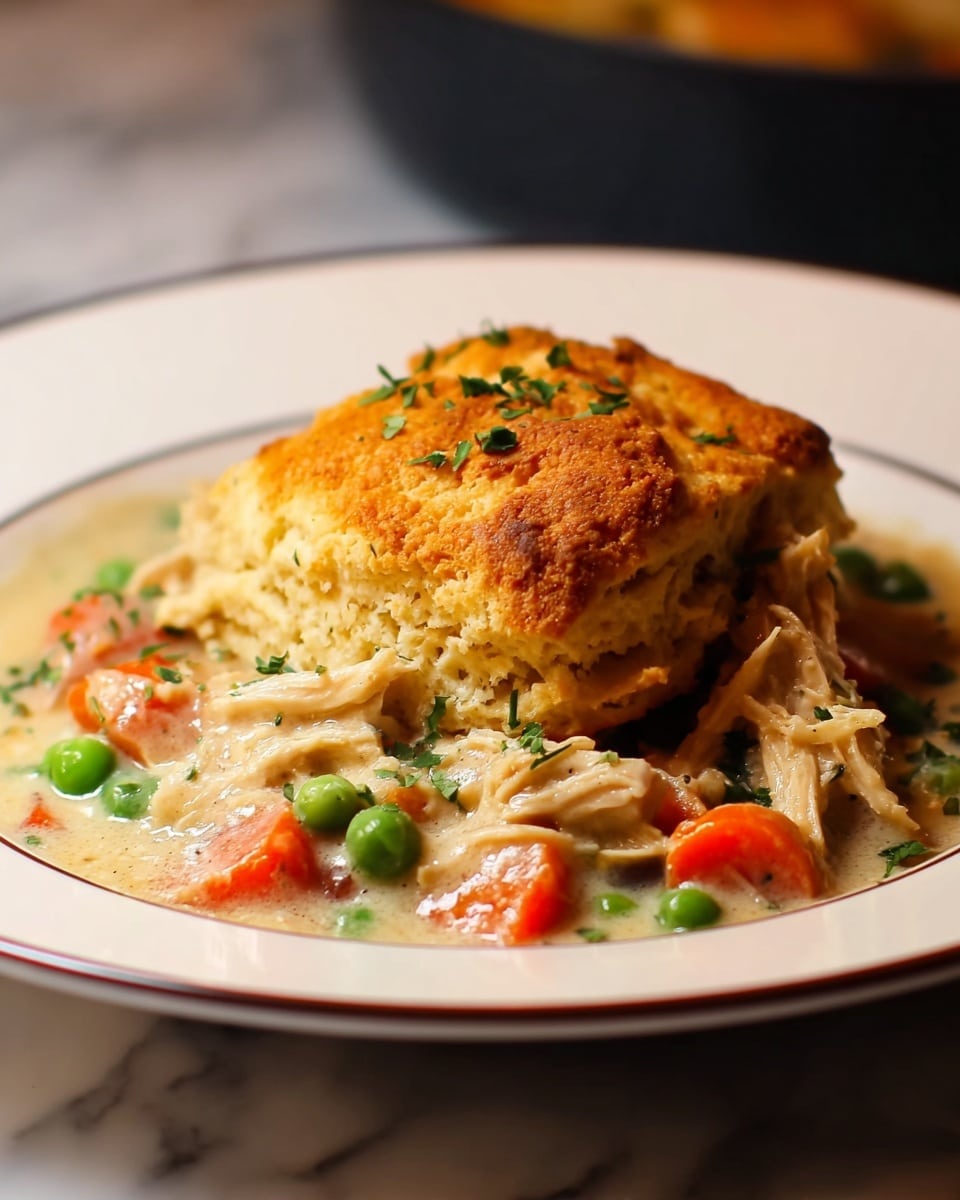 A white plate holds a serving of chicken pot pie with two main layers: the top layer is a thick, golden-brown biscuit crust sprinkled with small green herb pieces, showing a flaky and soft texture, slightly cracked to reveal the inside; beneath it, the filling layer is creamy with chunks of tender chicken, bright orange carrot slices, green peas, and small bits of red pepper, all mixed in a light beige sauce that looks smooth and rich, with a silver fork partially visible on the left side touching the filling; the background is softly blurred with a white marbled texture and warm lighting that highlights the dish's comforting appeal photo taken with an iphone --ar 4:5 --v 7