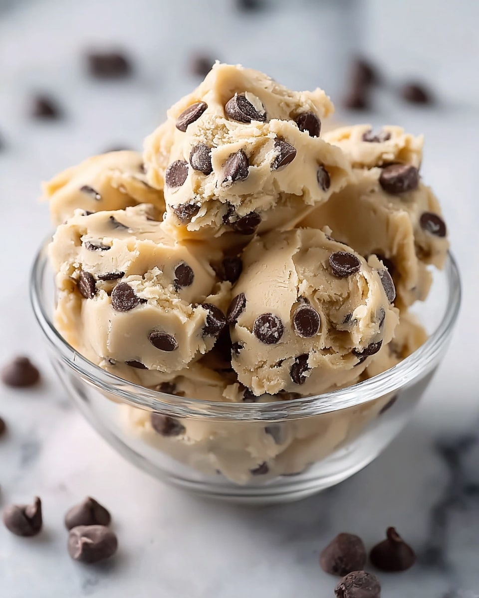 The image shows several scoops of creamy, light beige cookie dough filled with dark chocolate chips, tightly packed in a clear glass bowl. Each scoop has a soft, smooth texture with some small curls and folds, and the chocolate chips are embedded throughout, varying in size and sticking out from the dough surface. The bowl sits on a white marbled texture sprinkled with scattered chocolate chips around it, creating a simple, inviting scene. Photo taken with an iphone --ar 4:5 --v 7