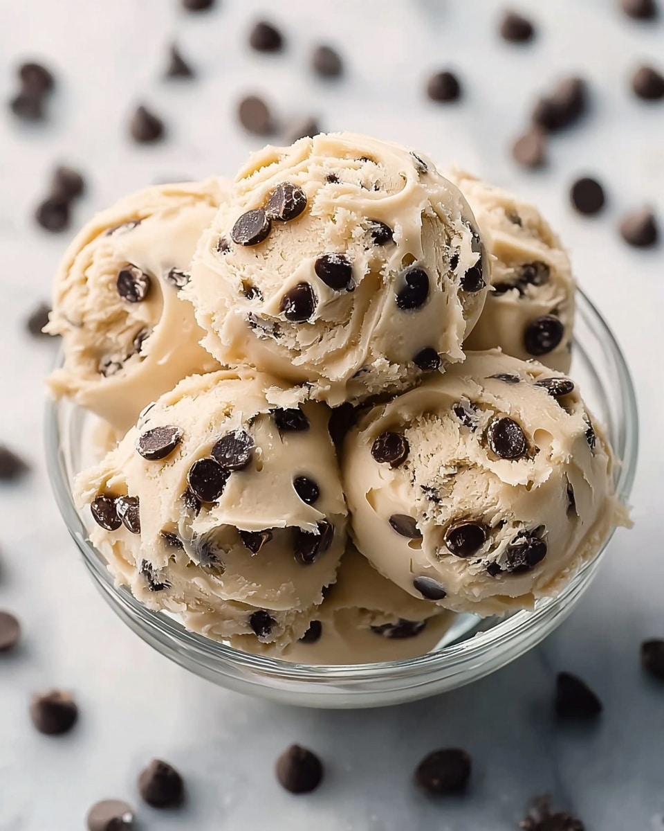 A clear glass bowl filled with several uneven, creamy beige chunks of cookie dough filled with dark brown chocolate chips; the dough pieces are piled high, showing rough, soft textures with chocolate chips spread evenly and some sticking out; around the bowl on a white marbled surface, a few loose chocolate chips are scattered randomly. Photo taken with an iphone --ar 4:5 --v 7
