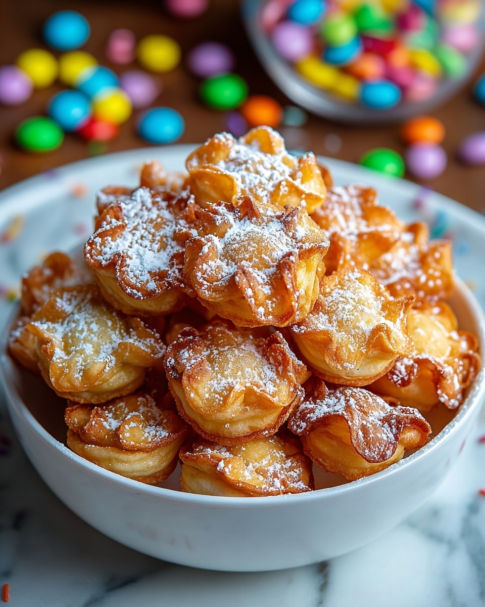 A white bowl is full of small, golden brown, flower-shaped pancakes stacked high. Each pancake has a soft texture with slight crisp edges and is topped with a light dusting of white powdered sugar. The bowl is placed on another shallow white dish, all set on a white marbled surface with colorful, round candy pieces scattered blurred in the background. photo taken with an iphone --ar 4:5 --v 7