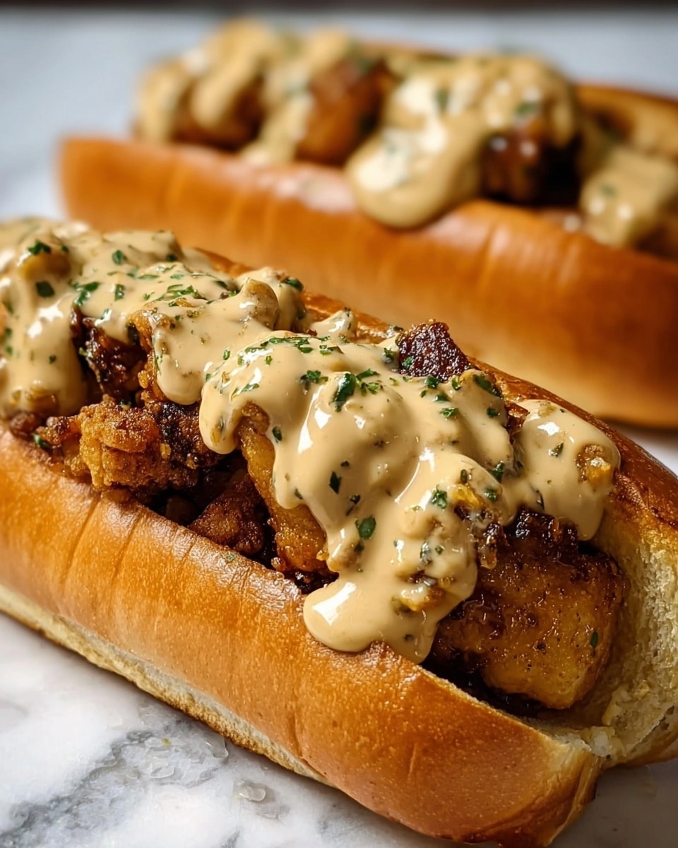 Two sandwiches are shown on a white marbled surface. Each sandwich is made of a soft, golden brown hoagie bun split open and filled with a layer of crispy, dark brown fried chicken pieces. On top of the chicken, there is a thick, creamy beige sauce drizzled unevenly, with small green herb bits sprinkled over the sauce for color. The buns look soft and slightly shiny, holding the filling tightly. The focus is on the front sandwich, showing the textures of the fried chicken and the glossy sauce clearly. photo taken with an iphone --ar 4:5 --v 7