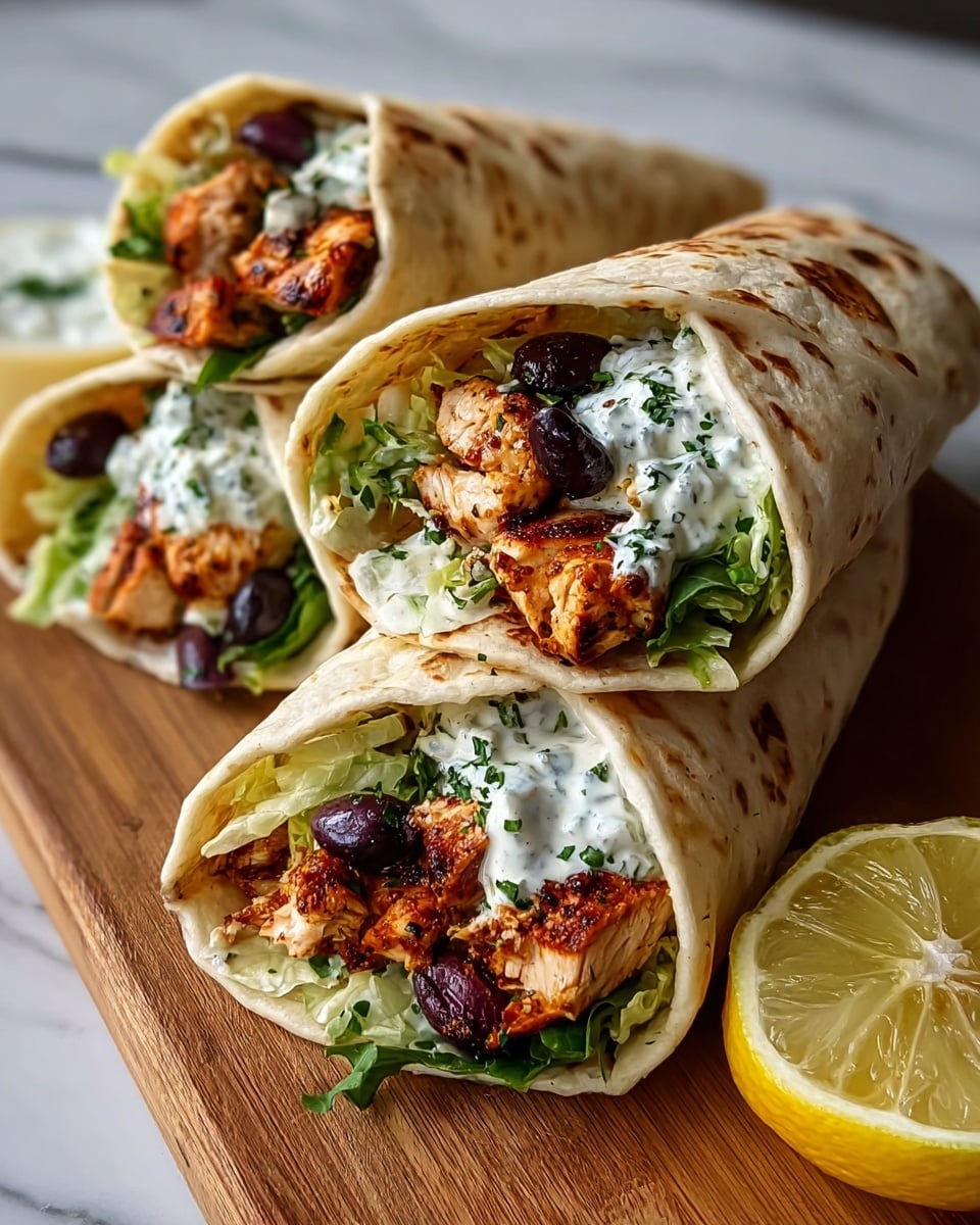 Three grilled chicken wraps sit on a wooden board over a white marbled surface. Each wrap has a soft, toasted flatbread with light brown spots, folded around several layers: juicy, charred chicken pieces that are slightly orange and textured from the grill, fresh green lettuce shredded underneath, scattered dark purple olives, and a dollop of creamy white sauce with small green herbs sprinkled on top. A bright yellow lemon half rests beside the wraps, adding a pop of color to the scene. Photo taken with an iphone --ar 4:5 --v 7