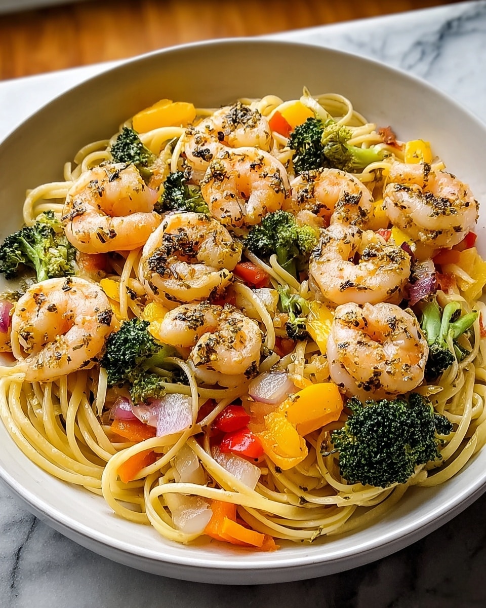 A white shallow bowl filled with a colorful shrimp pasta dish sits on a white marbled surface. The base layer consists of thin, light yellow spaghetti noodles tangled together. Mixed throughout are bright green broccoli florets, small orange and red bell pepper chunks, and small white onion pieces. On top, cooked shrimp, slightly pink with a light char, are scattered evenly, coated with black flecks of herbs and seasoning. The dish looks glossy with a light oil coating, making the ingredients shine. Photo taken with an iphone --ar 4:5 --v 7