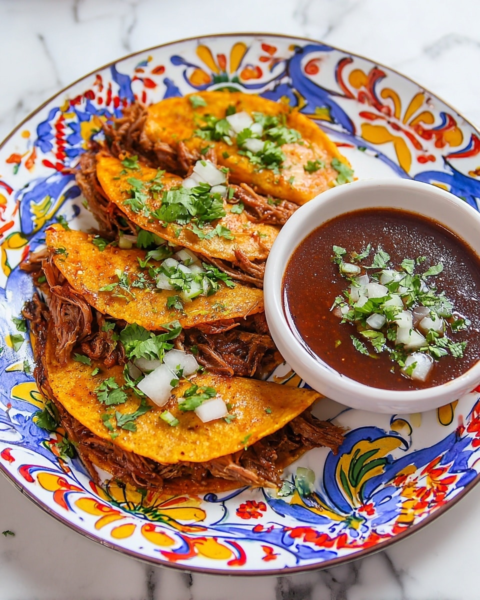 Three orange-brown tortillas folded in half are filled with shredded meat that looks dark brown and tender, placed side by side on a white plate with colorful, intricate patterns in blue, red, yellow, and white. Small white onion pieces and green cilantro leaves are sprinkled on top of the tacos and around them on the plate. Next to the tacos on the right side is a small white bowl filled with dark red-brown sauce, garnished with chopped onions and cilantro. The plate sits on a white marbled surface. Photo taken with an iphone --ar 4:5 --v 7