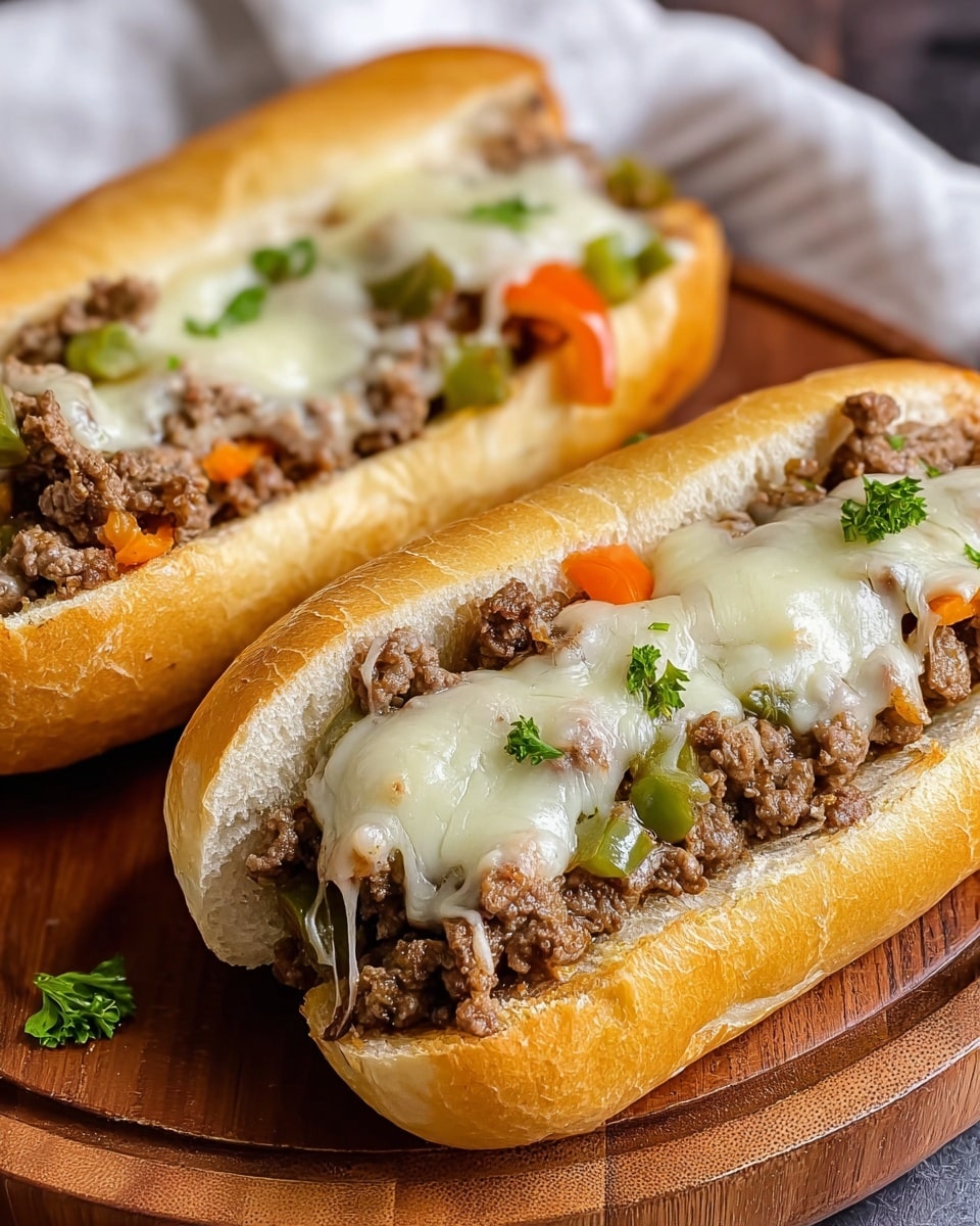 Two hot dog buns are filled with three layers of ingredients. The bottom layer is a soft white bread inside the bun. The second layer is a mix of cooked ground beef and small pieces of orange and green bell peppers scattered evenly. The top layer is melted white cheese spread evenly over the meat, with small green herbs sprinkled on top for color. The buns sit on a round wooden board with a white cloth in the upper left corner. The background has a white marbled texture. photo taken with an iphone --ar 4:5 --v 7