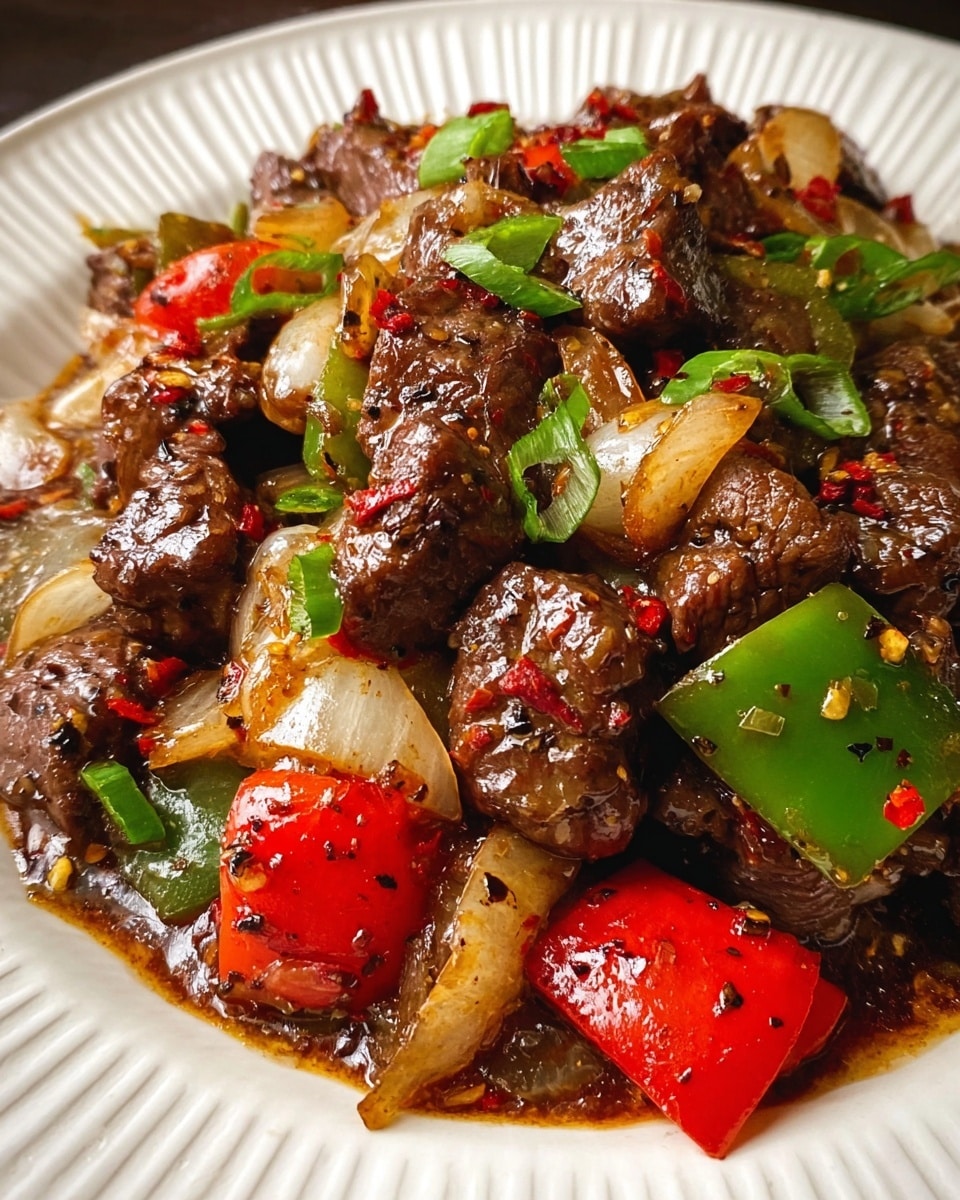 The dish is a colorful stir-fry served on a white plate with ridged edges. The bottom layer consists of braised beef chunks that are dark brown and glossy, mixed with slightly translucent, cooked onion pieces in off-white and light brown shades. Interspersed among the beef and onions are bright red bell pepper pieces and vibrant green bell pepper pieces, adding contrast and freshness. The whole mixture is coated in a shiny brown sauce with visible specks of black pepper and red chili flakes, giving the dish a spicy look. Small slices of green onion are scattered throughout, adding a touch of light green. The ingredients appear well-cooked with a rich texture, blending tender meat with soft vegetables. Photo taken with an iphone --ar 4:5 --v 7