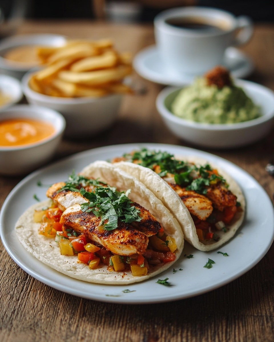 Two soft, light beige tacos sit side by side on a white plate, each taco layered with a base of diced red and yellow vegetables, topped with a golden-brown spiced grilled chicken breast, and finished with a sprinkle of fresh green chopped cilantro on top. The plate is set on a rustic wooden surface. In the softly blurred background, there are two white bowls filled with golden fries, a white bowl with orange sauce, a white cup with dark coffee, and a white plate holding a green guacamole mixture garnished with a small brown topping. photo taken with an iphone --ar 4:5 --v 7