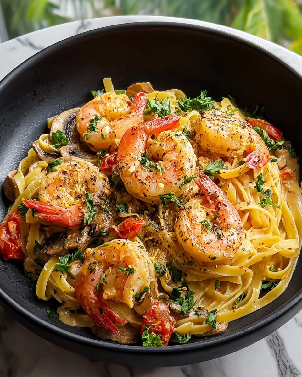 A white plate holds a serving of shrimp pasta with three main layers: the base is light yellow spaghetti pasta twisted into a small mound, mixed with small pieces of bright yellow and red bell peppers and some green broccoli florets; on top are several pink grilled shrimp scattered evenly, sprinkled with small black and green herb bits, adding contrast; the whole dish glows under soft natural light by a window, sitting on a white marbled surface. photo taken with an iphone --ar 4:5 --v 7