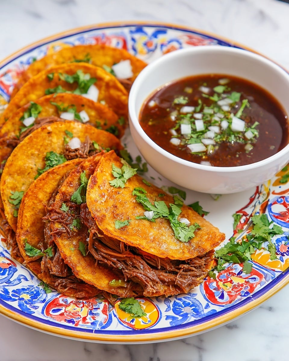 Three orange-brown crispy fried tacos filled with shredded dark brown meat are placed slightly overlapping on a white plate with colorful blue, yellow, red, and orange patterns. They are garnished with small pieces of white onion and green cilantro leaves. Next to the tacos, there is a white bowl filled with dark red-brown dipping sauce topped with finely chopped white onion and green herbs. Additional cilantro leaves are placed around the bowl on the plate. The whole arrangement sits on a white marbled surface. photo taken with an iphone --ar 4:5 --v 7