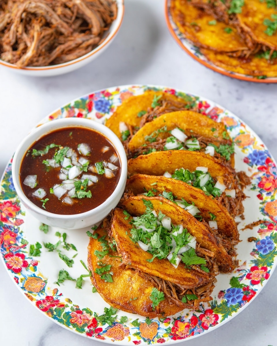 The image shows a white plate with a colorful floral pattern around the edge, holding five golden-brown tacos arranged in a neat stack. Each taco has a crispy, lightly fried shell filled with shredded meat that looks tender and juicy, topped with small chopped white onions and fresh green cilantro leaves scattered on the tacos and plate. Next to the tacos on the plate is a small white bowl filled with a dark red-brown sauce garnished with more chopped onions and cilantro. In the corner, a larger bowl with more shredded meat is visible, mentioning a white marbled surface underneath everything. The overall look is bright, fresh, and inviting. Photo taken with an iphone --ar 4:5 --v 7