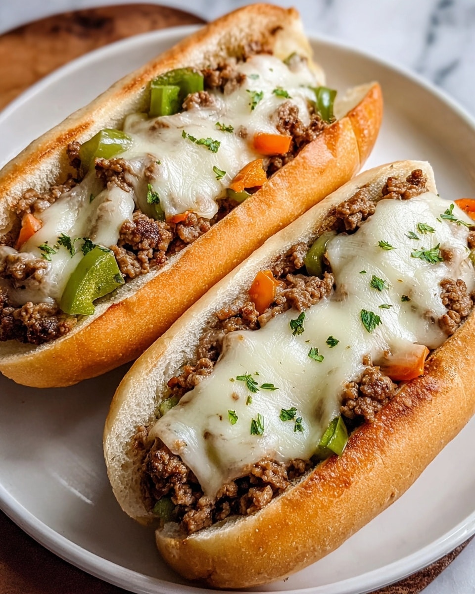Two sandwiches on a white plate with a white marbled texture surface, each sandwich made with a light golden soft hoagie roll. Inside, there is a layer of cooked ground beef in a brown color, topped with pieces of cooked green and orange bell peppers. Melted white cheese is spread generously on top of the beef and peppers, slightly shiny and soft in texture, with small bits of green herbs sprinkled over the cheese for a fresh touch. The sandwiches are placed side by side, filling the plate fully. Photo taken with an iphone --ar 4:5 --v 7
