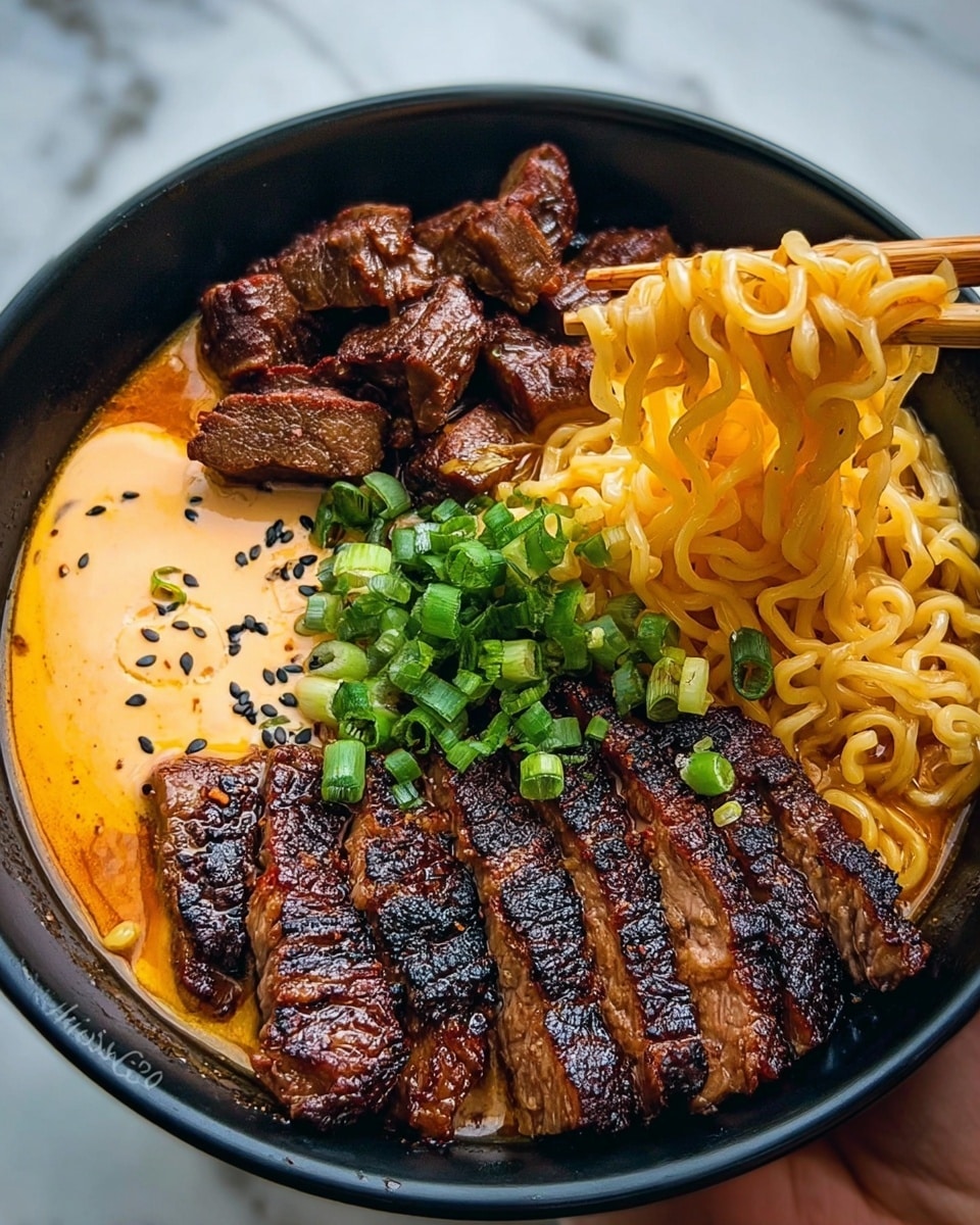 A black bowl filled with four main layers: the base layer is light yellow cooked ramen noodles partly submerged in orange spicy broth, the second layer consists of dark brown grilled meat pieces on one side and slices of grilled steak with a charred crust on the other, the third layer is a creamy pale orange sauce spread over the noodles near the top center and sprinkled with small black sesame seeds, and the fourth layer is chopped fresh green onions placed beside the creamy sauce. A pair of wooden chopsticks held by a woman's hand lifts a bunch of noodles from the right side of the bowl. The bowl is set on a white marbled surface. photo taken with an iphone --ar 4:5 --v 7