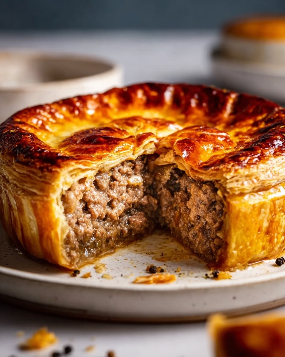 A round meat pie with a thick golden-brown flaky crust sits on a white plate on a white marbled surface, with a wedge cut out to reveal the filling. The pie has two visible layers: the top and side crust, shiny and puffed with a crispy texture in warm golden and amber tones, and the inner layer of cooked, crumbly ground meat in shades of brown with small bits of seasoning. Some crumbs and black pepper flakes are scattered around the plate. The background is softly blurred, focusing all attention on the pie. Photo taken with an iphone --ar 4:5 --v 7