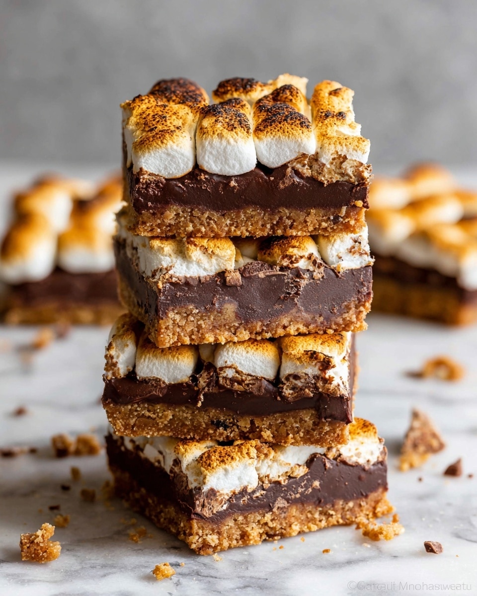 A stack of four square dessert bars is shown on a white marbled surface, each bar having three layers. The bottom layer is a crumbly, golden-brown crust with a coarse texture. The middle layer is thick and rich dark chocolate, smooth but with visible chunks and slight cracks. The top layer consists of toasted, golden-brown marshmallows, soft and puffed up, with a lightly browned surface. Crumbs and small chocolate pieces are scattered around the stack. Photo taken with an iphone --ar 4:5 --v 7
