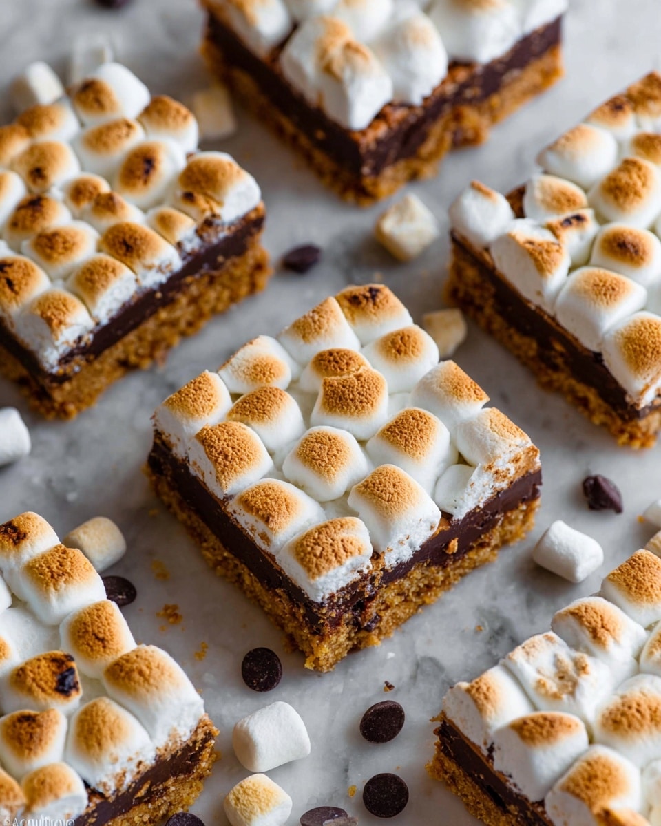 The image shows several square chocolate marshmallow bars placed on a white marbled surface. Each bar has three visible layers: a crumbly golden brown base on the bottom, a thick middle layer of dark brown chocolate, and a top layer of evenly toasted white marshmallows that are browned in places with a soft, puffed texture. Scattered around the bars are loose toasted marshmallows and a few dark chocolate chips, adding texture and color contrast. The bars are cut into neat squares with clean edges, showing the distinct layers inside. photo taken with an iphone --ar 4:5 --v 7