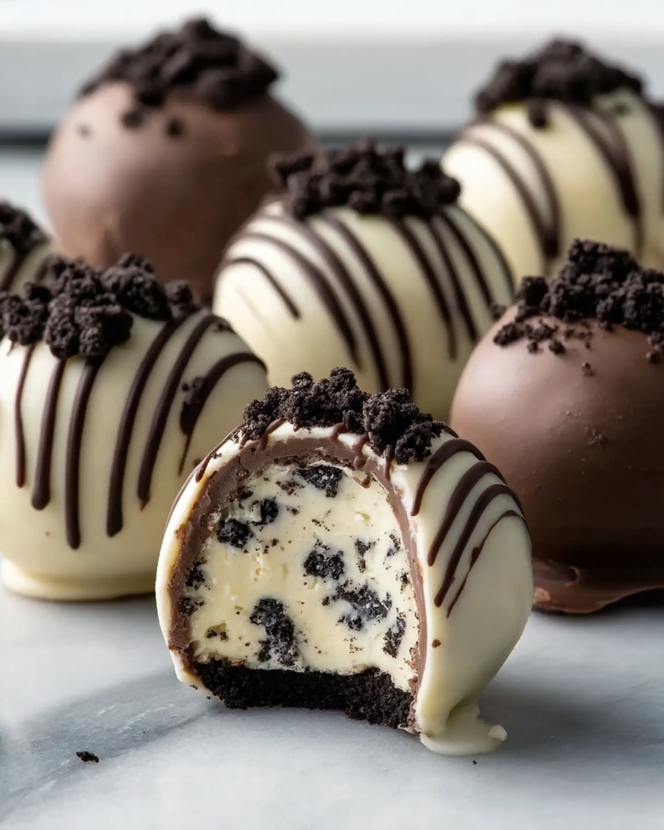 The image shows a close-up of three rows of round truffle balls placed on a white marbled surface. The truffles have two main layers: a smooth outer chocolate shell—some are milk chocolate brown, others creamy white with dark chocolate drizzle on top—and a creamy inner filling spotted with small dark cookie crumbs. The front center truffle has a bite taken out, revealing the white creamy layer with black cookie bits inside and a thicker dark cookie base layer. Each truffle is topped with crumbled dark cookie pieces, creating a rough textured crown contrasting the smooth outer shells. The photo is taken with an iphone --ar 4:5 --v 7