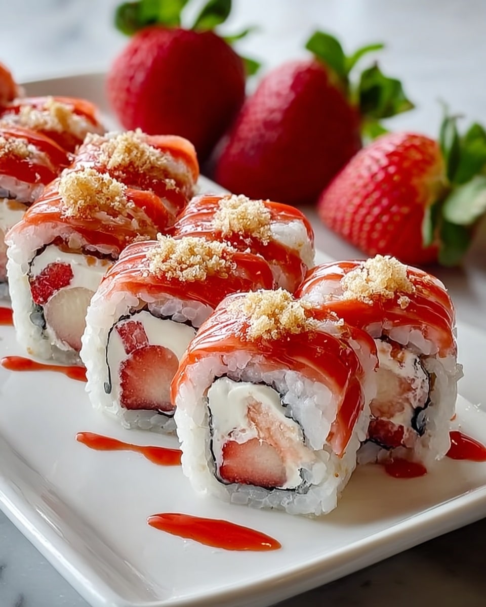 A white rectangular plate holds a row of six sushi rolls arranged closely together. Each roll has one visible layer of shiny white rice on the outside surrounding a thin black seaweed layer, and inside are pieces of bright red strawberries and creamy white filling. On top of each roll is a glossy red sauce dripping down the sides, sprinkled with light brown crumbs. Behind the sushi rolls are fresh whole strawberries with green leaves still attached. The plate rests on a white marbled surface. photo taken with an iphone --ar 4:5 --v 7