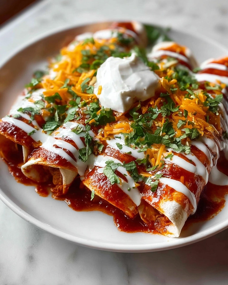 A white plate shows three rolled tortillas filled with a savory mixture, each covered in a rich red sauce. White cream sauce is drizzled over the tortillas in thick stripes. On top of the tortillas, there is a heap of shredded bright orange cheese. Fresh green cilantro leaves are scattered across the dish. To finish, a dollop of smooth white cream sits on top of the cheese. The plate sits on a white marbled surface. photo taken with an iphone --ar 4:5 --v 7