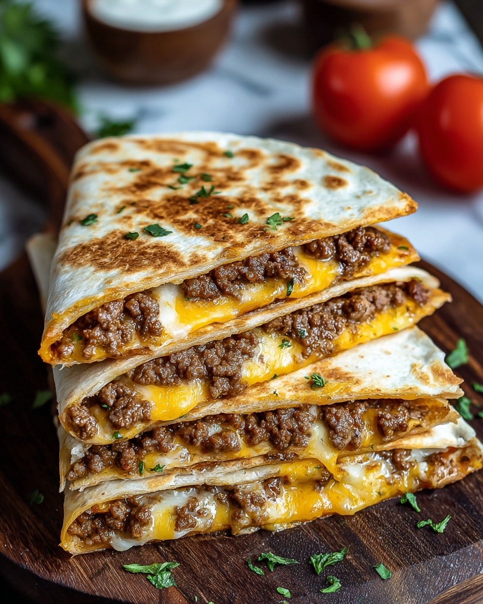 Three triangular quesadilla pieces are stacked on top of each other on a dark wooden board. Each quesadilla has two toasted tortillas with a golden brown crispy texture on the outside. Inside, there is melted yellow and white cheese mixed with seasoned ground beef and small green pepper bits, all layered evenly. Small green herb pieces are sprinkled on the quesadillas and board. In the blurred background, there are two red tomatoes and small white bowls, all placed on a white marbled texture. photo taken with an iphone --ar 4:5 --v 7