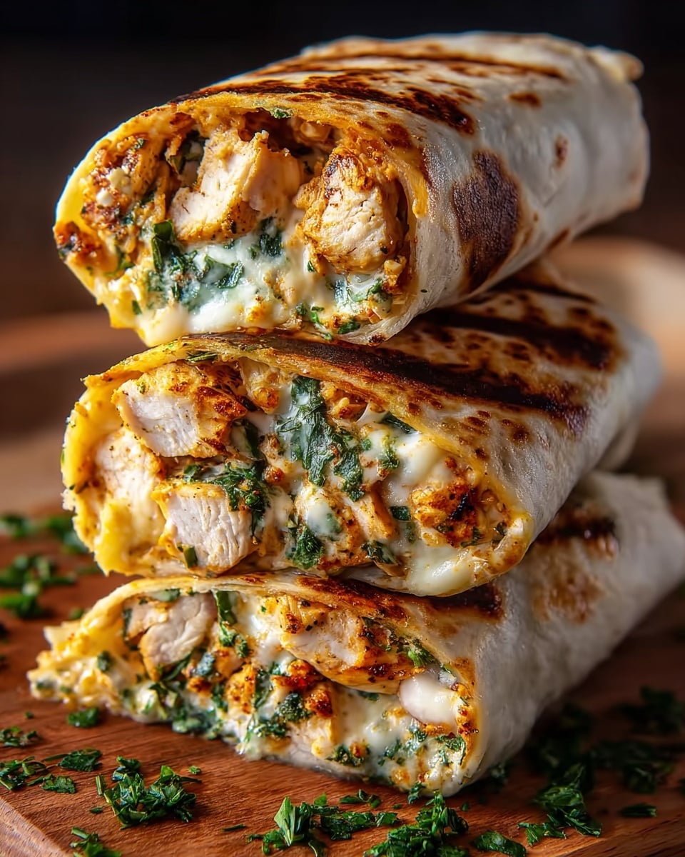 A stack of three grilled chicken wraps is shown on a wooden board with chopped green herbs scattered around. Each wrap is lightly browned with grill marks, and the inside layers reveal chunks of golden grilled chicken mixed with melted white cheese and bright green herbs, creating a rich and textured look. The wraps are cut in half to show the thick filling inside, with the outer tortilla slightly crispy and toasted. Photo taken with an iphone --ar 4:5 --v 7