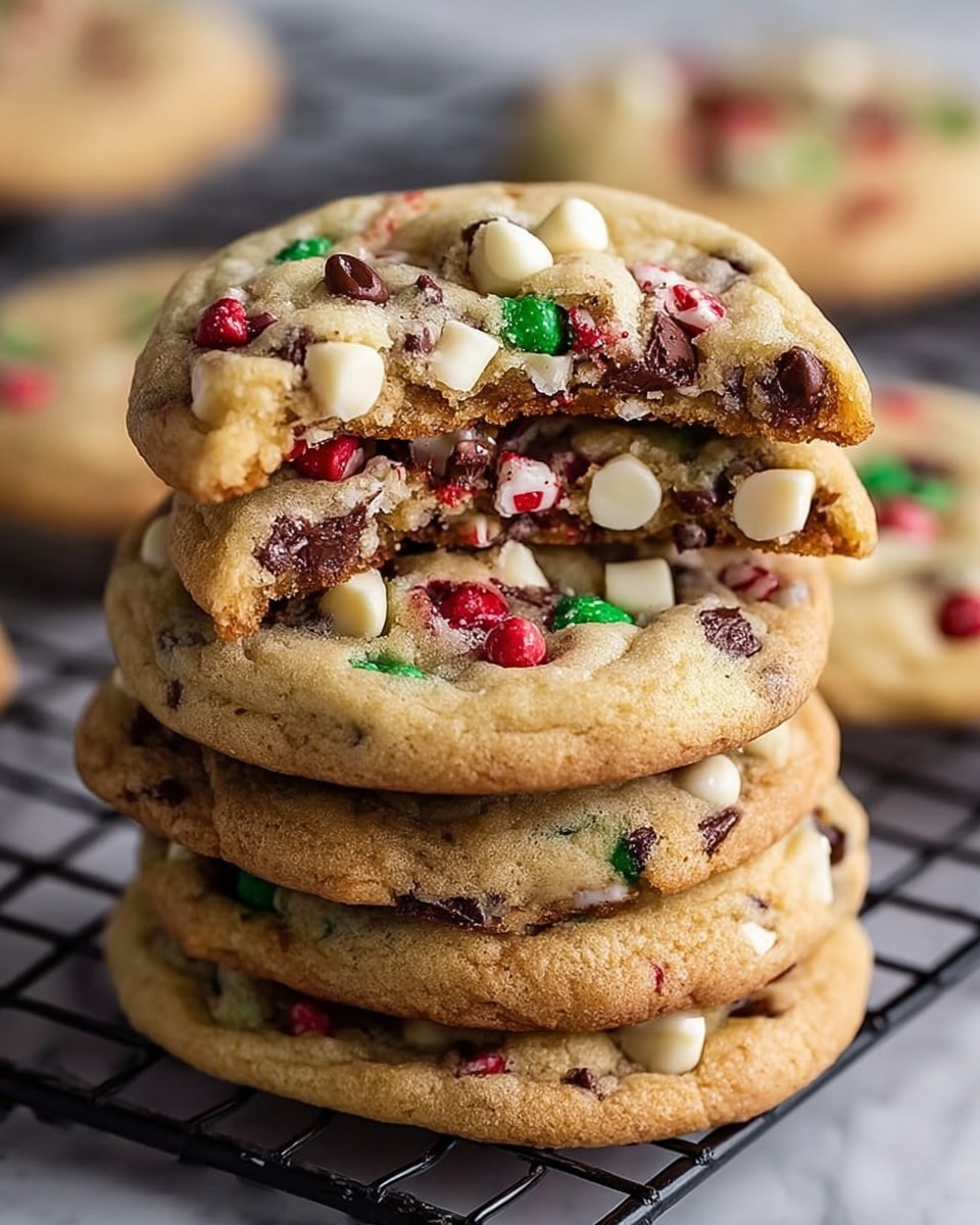 A stack of five thick cookies sits on a black cooling rack over a white marbled surface. Each cookie has a golden-brown outer edge with a light, soft center visible. The cookies are studded with layers of white chocolate chunks, dark chocolate chips, and small red and green candy pieces scattered evenly throughout. The top cookie has a bite taken out, showing a dense, chewy inside with mixed chocolates and candies embedded within. The texture looks soft yet slightly crisp on the edges, with melted chocolate spots adding a glossy shine. photo taken with an iphone --ar 4:5 --v 7