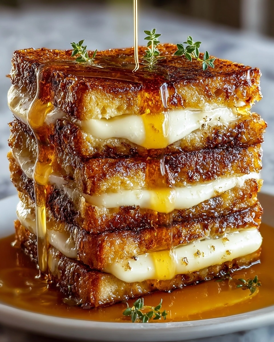 A stack of four grilled sandwiches is shown up close on a white plate, each sandwich layer toasted to a deep golden brown with a slightly crispy, textured surface. Between every sandwich layer is melting white cheese, thick and smooth, visible and slightly oozing out from the edges. Thick amber syrup is pouring down the stack, creating glossy drips along the sides and pooling gently at the plate's base. The top sandwich has a small garnish of green sprigs placed on it. The background is a white marbled surface, softly blurred. Photo taken with an iphone --ar 4:5 --v 7