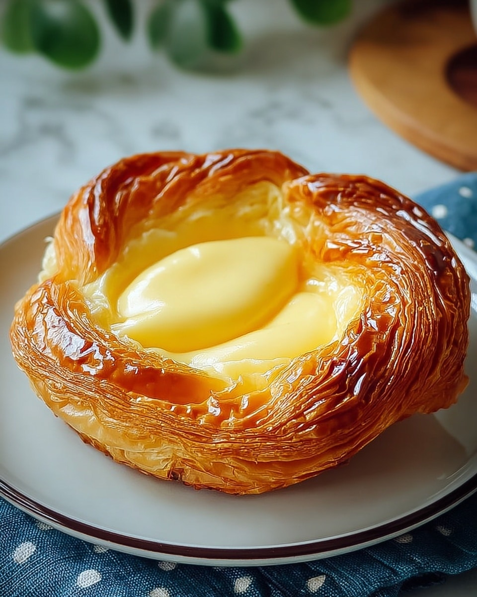 A round pastry with a thick, shiny, golden-brown flaky crust forms the base layer, displaying many thin, crispy layers that curl inward. The second layer is a dollop of smooth light yellow custard cream, placed in the center and stretching towards the edges in two separate curved sections, contrasting with the flaky crust. The pastry sits on a white plate with a thin dark rim, which is placed over a blue cloth with white floral dots. The background features a blurred white marbled texture and hints of greenery nearby. Photo taken with an iphone --ar 4:5 --v 7