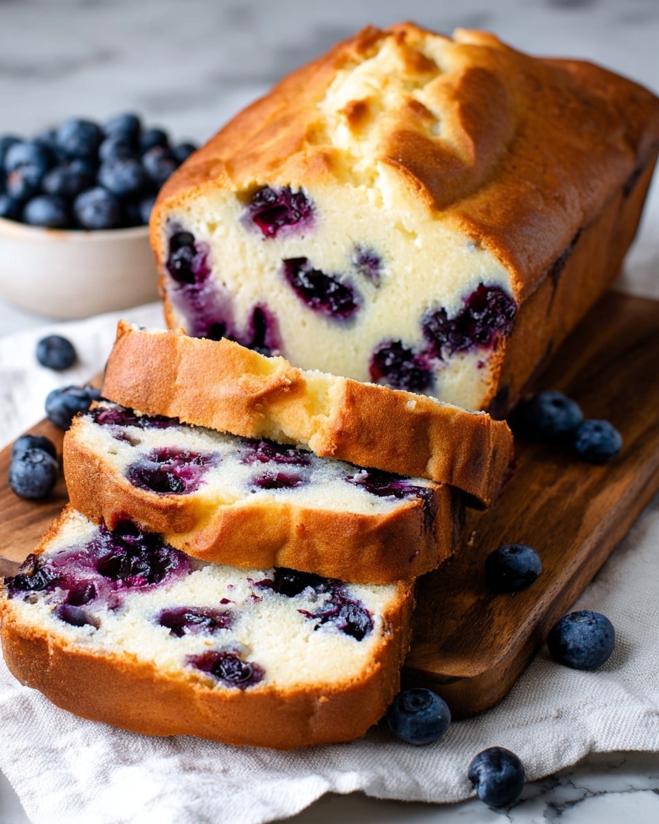 A loaf of blueberry bread sits on a wooden board covered with a white cloth, cut into three thick slices. The bread has a golden brown crust on top with a soft, pale yellow interior dotted with plenty of dark purple blueberries, some bursting and oozing juice that stains the bread slightly around them. Scattered around the loaf and slices are fresh blueberries in a deep blue color. The texture of the bread looks moist and spongy inside, while the crust is smooth and slightly cracked on top. The background has a white marbled texture. Photo taken with an iphone --ar 4:5 --v 7