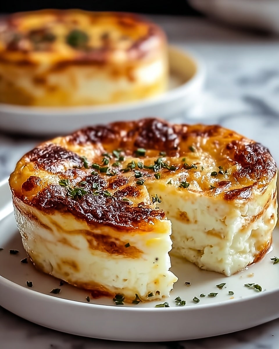 A round, golden-brown baked dish with a slightly crispy, browned top layer sprinkled with small green herbs, sitting on a white plate. The dish has about three visible layers: a thick, fluffy middle layer with a creamy, pale yellow texture, a bottom layer that appears soft and smooth, and a slightly cracked top layer with melted cheese and browned spots. The edges are lightly browned and slightly raised. The plate is placed on a white marbled surface with a blurred second plate of the same dish in the background. photo taken with an iphone --ar 4:5 --v 7