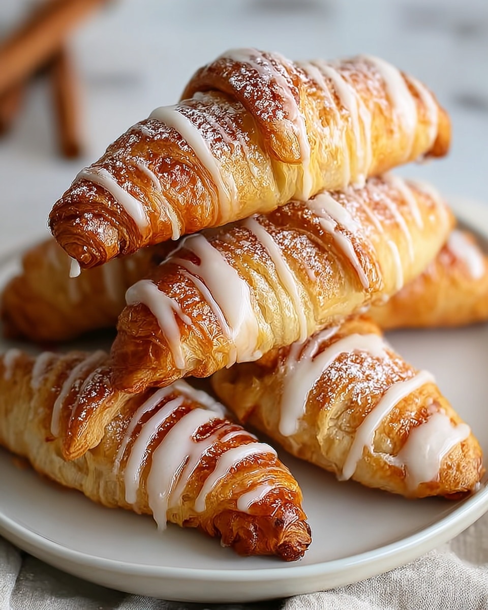 Four golden brown croissants are stacked on a white plate, each croissant showing many thin crispy layers with a shiny, flaky texture. They are drizzled with smooth white icing in diagonal lines and lightly sprinkled with fine white powdered sugar on top. The plate sits on a white marbled surface with a soft cloth underneath. Photo taken with an iphone --ar 4:5 --v 7
