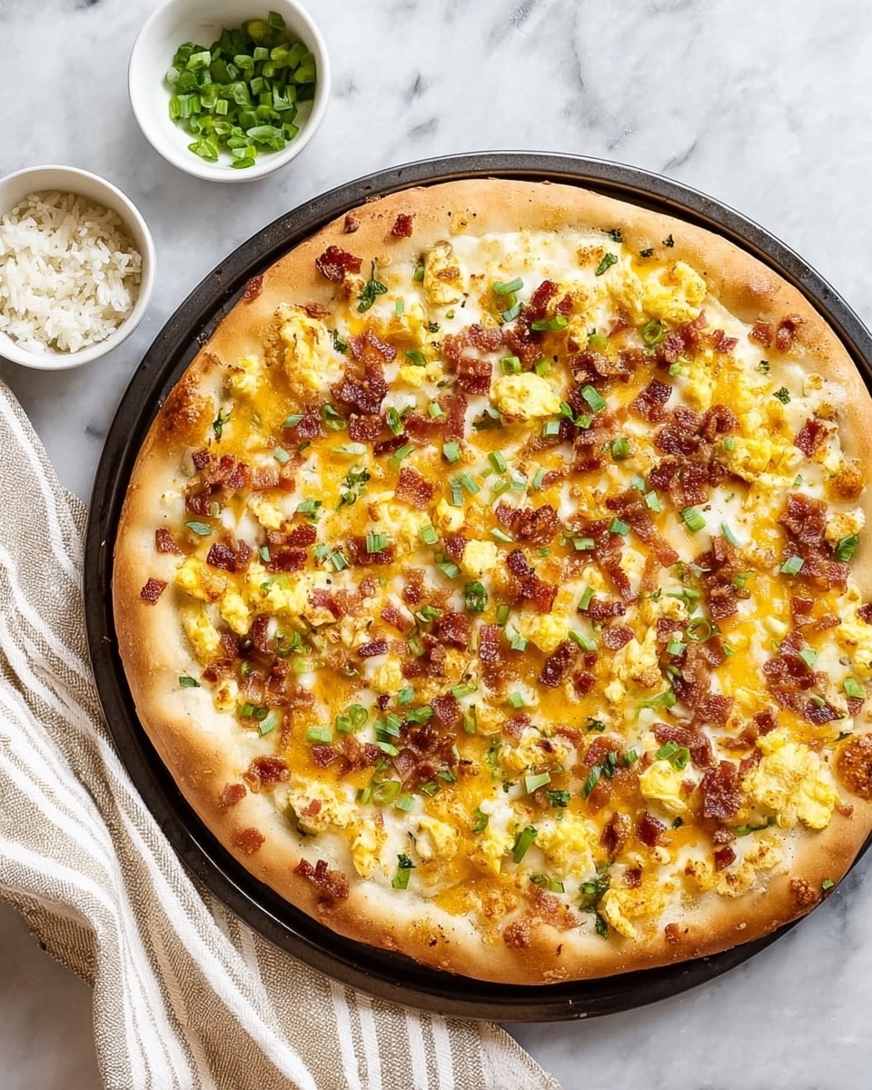 A round pizza with a golden-brown crust sits on a dark pizza pan over a white marbled surface. The pizza has one visible layer of melted cheese mixed with small chunks of scrambled yellow eggs spread evenly across its surface. There are crispy bits of brown bacon scattered on top along with tiny pieces of green onions adding a fresh color contrast. Two small white bowls containing rice and chopped green onions are partially visible near the pizza, and a beige and white striped cloth is placed partly under the pizza pan. Photo taken with an iphone --ar 4:5 --v 7