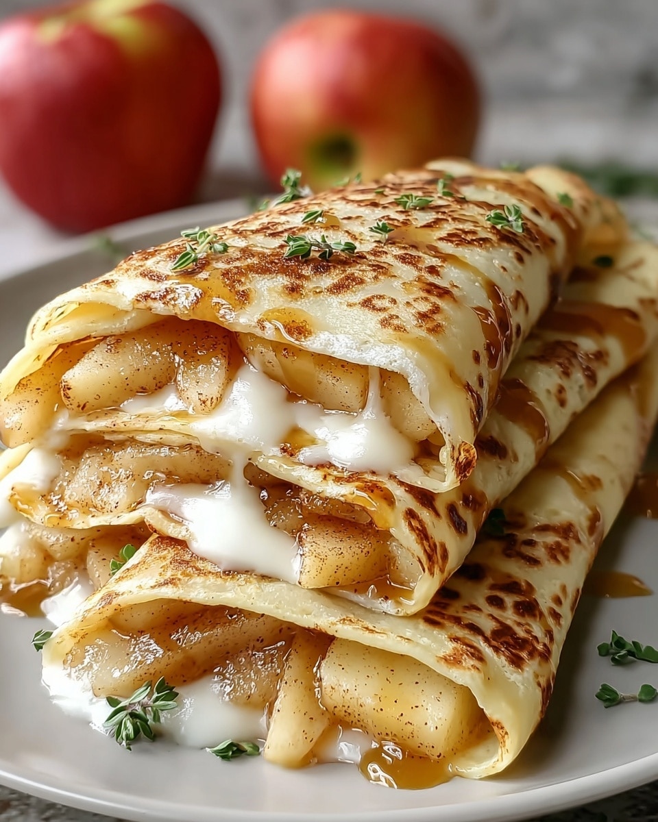 Three folded crepes stacked closely on a white plate, each crepe golden brown with a slightly crispy texture and light grill marks. Inside, there are layers of soft, sliced cooked apples coated in a cinnamon-spiced syrup and a smooth, white creamy filling peeking out. The syrup glistens as it drips over the edges of the crepes. Small green herb leaves are sprinkled on top as garnish. In the background, two whole red apples sit on a white marbled surface. Photo taken with an iphone --ar 4:5 --v 7
